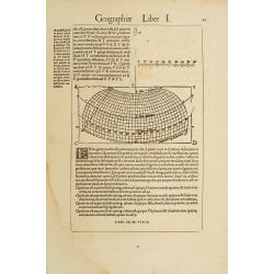 Text page with coordinate net showing meridians and parallels and large initial.