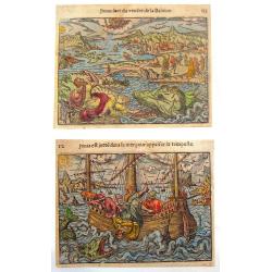 Jonas From the Belly of the Whale & Jonas Thrown Into the Sea (Two Woodcut Engravings)